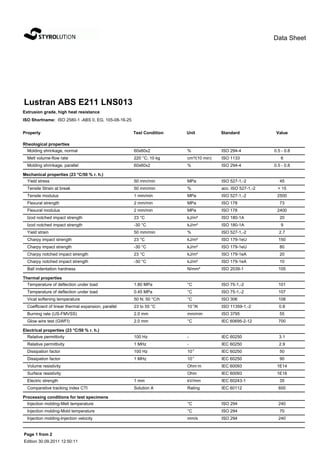 Data Sheet




Lustran ABS E211 LNS013
Extrusion grade, high heat resistance
ISO Shortname: ISO 2580-1 -ABS 0, EG, 105-08-16-25

Property                                              Test Condition   Unit           Standard             Value

Rheological properties
  Molding shrinkage, normal                           60x60x2          %              ISO 294-4           0.5 - 0.8
  Melt volume-flow rate                               220 °C; 10 kg    cm³/(10 min)   ISO 1133               6
  Molding shrinkage, parallel                         60x60x2          %              ISO 294-4           0.5 - 0.8

Mechanical properties (23 °C/50 % r. h.)
  Yield stress                                        50 mm/min        MPa            ISO 527-1,-2           45
  Tensile Strain at break                             50 mm/min        %              acc. ISO 527-1,-2     > 15
  Tensile modulus                                     1 mm/min         MPa            ISO 527-1,-2         2500
  Flexural strength                                   2 mm/min         MPa            ISO 178                73
  Flexural modulus                                    2 mm/min         MPa            ISO 178              2400
  Izod notched impact strength                        23 °C            kJ/m²          ISO 180-1A             20
  Izod notched impact strength                        -30 °C           kJ/m²          ISO 180-1A             9
  Yield strain                                        50 mm/min        %              ISO 527-1,-2          2.7
  Charpy impact strength                              23 °C            kJ/m²          ISO 179-1eU           150
  Charpy impact strength                              -30 °C           kJ/m²          ISO 179-1eU            80
  Charpy notched impact strength                      23 °C            kJ/m²          ISO 179-1eA            20
  Charpy notched impact strength                      -30 °C           kJ/m²          ISO 179-1eA            10
  Ball indentation hardness                                            N/mm²          ISO 2039-1            105

Thermal properties
  Temperature of deflection under load                1.80 MPa         °C             ISO 75-1,-2           101
  Temperature of deflection under load                0.45 MPa         °C             ISO 75-1,-2           107
  Vicat softening temperature                         50 N; 50 °C/h    °C             ISO 306               108
                                                                           -4
  Coefficient of linear thermal expansion, parallel   23 to 55 °C      10 /K          ISO 11359-1,-2        0.8
  Burning rate (US-FMVSS)                             2.0 mm           mm/min         ISO 3795               55
  Glow wire test (GWFI)                               2.0 mm           °C             IEC 60695-2-12        700

Electrical properties (23 °C/50 % r. h.)
  Relative permittivity                               100 Hz           -              IEC 60250             3.1
  Relative permittivity                               1 MHz            -              IEC 60250             2.9
  Dissipation factor                                  100 Hz           10-4           IEC 60250              50
                                                                           -4
  Dissipation factor                                  1 MHz            10             IEC 60250              90
  Volume resistivity                                                   Ohm·m          IEC 60093            1E14
  Surface resistivity                                                  Ohm            IEC 60093            1E16
  Electric strength                                   1 mm             kV/mm          IEC 60243-1            35
  Comparative tracking index CTI                      Solution A       Rating         IEC 60112             600

Processing conditions for test specimens
  Injection molding-Melt temperature                                   °C             ISO 294               240
  Injection molding-Mold temperature                                   °C             ISO 294                70
  Injection molding-Injection velocity                                 mm/s           ISO 294               240


Page 1 from 2
Edition 30.09.2011 12:50:11
 