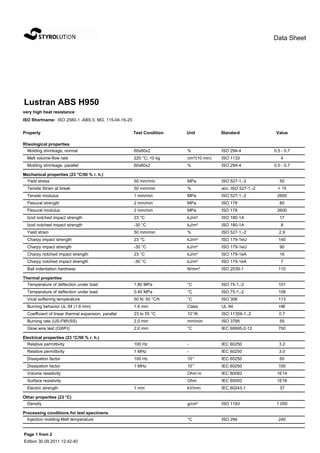 Data Sheet




Lustran ABS H950
very high heat resistance
ISO Shortname: ISO 2580-1 -ABS 0, MG, 115-04-16-25

Property                                              Test Condition   Unit           Standard             Value

Rheological properties
  Molding shrinkage, normal                           60x60x2          %              ISO 294-4           0.5 - 0.7
  Melt volume-flow rate                               220 °C; 10 kg    cm³/(10 min)   ISO 1133               4
  Molding shrinkage, parallel                         60x60x2          %              ISO 294-4           0.5 - 0.7

Mechanical properties (23 °C/50 % r. h.)
  Yield stress                                        50 mm/min        MPa            ISO 527-1,-2           50
  Tensile Strain at break                             50 mm/min        %              acc. ISO 527-1,-2     > 15
  Tensile modulus                                     1 mm/min         MPa            ISO 527-1,-2         2600
  Flexural strength                                   2 mm/min         MPa            ISO 178                80
  Flexural modulus                                    2 mm/min         MPa            ISO 178              2600
  Izod notched impact strength                        23 °C            kJ/m²          ISO 180-1A             17
  Izod notched impact strength                        -30 °C           kJ/m²          ISO 180-1A             8
  Yield strain                                        50 mm/min        %              ISO 527-1,-2          2.9
  Charpy impact strength                              23 °C            kJ/m²          ISO 179-1eU           140
  Charpy impact strength                              -30 °C           kJ/m²          ISO 179-1eU            90
  Charpy notched impact strength                      23 °C            kJ/m²          ISO 179-1eA            16
  Charpy notched impact strength                      -30 °C           kJ/m²          ISO 179-1eA            7
  Ball indentation hardness                                            N/mm²          ISO 2039-1            110

Thermal properties
  Temperature of deflection under load                1.80 MPa         °C             ISO 75-1,-2           101
  Temperature of deflection under load                0.45 MPa         °C             ISO 75-1,-2           108
  Vicat softening temperature                         50 N; 50 °C/h    °C             ISO 306               113
  Burning behavior UL 94 (1.6 mm)                     1.6 mm           Class          UL 94                 HB
  Coefficient of linear thermal expansion, parallel   23 to 55 °C      10-4/K         ISO 11359-1,-2        0.7
  Burning rate (US-FMVSS)                             2.0 mm           mm/min         ISO 3795               55
  Glow wire test (GWFI)                               2.0 mm           °C             IEC 60695-2-12        700

Electrical properties (23 °C/50 % r. h.)
  Relative permittivity                               100 Hz           -              IEC 60250             3.2
  Relative permittivity                               1 MHz            -              IEC 60250             3.0
                                                                           -4
  Dissipation factor                                  100 Hz           10             IEC 60250              60
  Dissipation factor                                  1 MHz            10-4           IEC 60250             100
  Volume resistivity                                                   Ohm·m          IEC 60093            1E14
  Surface resistivity                                                  Ohm            IEC 60093            1E16
  Electric strength                                   1 mm             kV/mm          IEC 60243-1            37

Other properties (23 °C)
  Density                                                              g/cm³          ISO 1183             1.050

Processing conditions for test specimens
  Injection molding-Melt temperature                                   °C             ISO 294               240


Page 1 from 2
Edition 30.09.2011 12:42:40
 