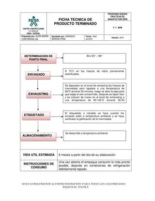 PROGRAMA BUENAS
                                                                                 PRACTICAS DE
                                FICHA TECNICA DE                               MANUFACTURA BPM

                              PRODUCTO TERMINADO
 CENTRO AGROPECUARIO
                                                                                   F. T. BPM
      “LA GRANJA”
    SENA - ESPINAL
Preparado por: AURA MARIA   Aprobado por: HARRISON        Fecha: Abril
                                                                                 Versión: 2010
CONTRERAS GIL               MORENO PEÑA                   de 2010




  DETERMINACION DE                                         Brix 65° – 68°
     PUNTO FINAL



                                        A 75° en los frascos de vidrio previamente
                                                c
     ENVASADO                           esterilizados



                                        Se depositan en el túnel de exhasting los frascos de
                                        mermelada semi tapados a una temperatura de
                                        90° durante 20 minutos, luego se abre la tapa para
                                           C
      EXHAUSTING                        que salga el aire comprimido, después se tapan bien
                                        y se colocan de nuevo en el túnel de exhausting a
                                        una temperatura de 90-100°C durante 30-40
                                        minutos



                                        El etiquetado o rotulado se hace cuando los
  ETIQUETADO                            envases están a temperatura ambiente y se haya
                                        verificado la gelificación de la mermelada




                                        Se desarrolla a temperatura ambiente
ALMACENAMIENTO




 VIDA UTIL ESTIMADA               6 meses a partir del día de su elaboración.

                                  Una vez abierto el empaque consumir lo más pronto
 INSTRUCCIONES DE
                                  posible, dejando en condiciones de refrigeración
     CONSUMO
                                  debidamente tapado.



SENA CONOCIMIENTO Y EMPRENDIMIENTO PARA TODOS LOS COLOMBIANOS
                        REGIONAL TOLIMA
 