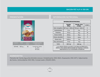 BACON FET A/V X 150 GR.
INFORMACIÓN NUTRICIONALPRESENTACIÓN
INGREDIENTES
Panceta de Cerdo,Agua,Sal,Almidón,Azúcar, Estabilizante (INS 452i), Espesante (INS 407), Saborizante
de Humo, Antioxidante (INS 316), Conservador (INS251-250).
CODIGO PESO UNID X
CAJA
CONSERVACION/
VIDA UTIL
101149 150 g. 16 Conservar entre
0 y 8ºC.
60 días.
INFORMACIÓN NUTRICIONAL
% VD (*)
Valor energético 119 kcal = 492 kJ 3
Carbohidratos 0
Proteínas 14
Grasas totales 3
Grasas saturadas 3
Grasas trans -
(*) % Valores Diarios con base a una dieta de 2000 kcal u
8400 kJ. Sus valores diarios pueden ser mayores o menores
dependiendo de sus necesidades energéticas.
Porción 40 g
(1 feta)
297 kcal = 1230 kJ
1,1 g
15,1 g
25,8 g
11,42 g
0,04 g
Porción
100 g
-0,1 g
Sodio -820 mg
Fibra alimentariaa
0 g
6 g
10 g
4,6 g
0 g
0 g
328 mg
 