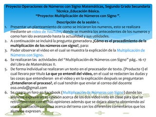 Proyecto Operaciones de Números con Signo Matemáticas, Segundo Grado Secundaria
                             Técnica ,Educación Básica.
                 “Proyecto: Multiplicación de Números con Signo ”.
                                   Descripción de la sesión 1.
1.   Presentar un planteamiento de como se iniciaron los numeros, esto se realizara
     mediante un video de YouTube, donde se muestra los antecedentes de los numeros y
     como han ido avanzando hasta la actualidad y sus utilidades.
2.   A continuación se incluirá la pregunta generadora ¿Cómo es el procedimiento de la
     multiplicación de los números con signo?, para:
3.   Poder observar el video en el cual se muestra la explicación de la Multiplicación de
     Números con Signo.
4.   Se realizaran las actividades del “Multiplicación de Números con Signo” pág.. 16-17
     del Libro de Matemáticas II.
5.   De forma individual se realizaran un texto en el procesador de texto. (Producto 1) el
     cual llevara por titulo Lo que yo entendí del video, en el cual se redacten las dudas y
     las cosas que entendieron en el video y en la explicación después se preguntaran
     ¿Entendieron el proceso?, el cual tendrán que enviar al correo del docente
     oso.onda@gmail.com
6.   Se creara un foro en Facebook (Multiplicación de Números con Signo) donde los
     alumnos expresarán su opinión acerca de los dos video visto en clase para que se
     retroalimenten con dichas opiniones además que se dejara abierto obteniendo así
     una actualización continua acerca del tema con los diferentes comentarios que los
     alumnos expresen.
 