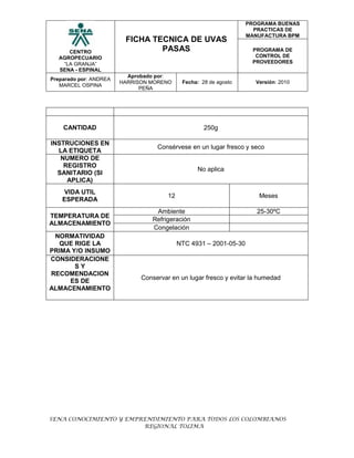 Ficha tecnica uvas pasas