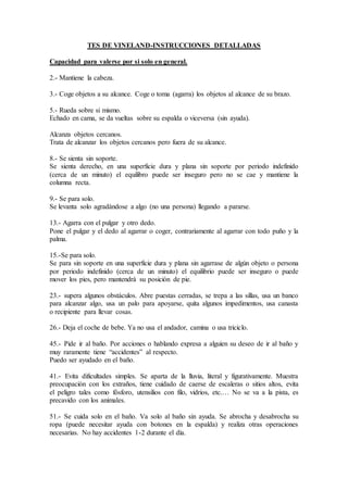 TES DE VINELAND-INSTRUCCIONES DETALLADAS
Capacidad para valerse por si solo en general.
2.- Mantiene la cabeza.
3.- Coge objetos a su alcance. Coge o toma (agarra) los objetos al alcance de su brazo.
5.- Rueda sobre si mismo.
Echado en cama, se da vueltas sobre su espalda o viceversa (sin ayuda).
Alcanza objetos cercanos.
Trata de alcanzar los objetos cercanos pero fuera de su alcance.
8.- Se sienta sin soporte.
Se sienta derecho, en una superficie dura y plana sin soporte por periodo indefinido
(cerca de un minuto) el equilibro puede ser inseguro pero no se cae y mantiene la
columna recta.
9.- Se para solo.
Se levanta solo agradándose a algo (no una persona) llegando a pararse.
13.- Agarra con el pulgar y otro dedo.
Pone el pulgar y el dedo al agarrar o coger, contrariamente al agarrar con todo puño y la
palma.
15.-Se para solo.
Se para sin soporte en una superficie dura y plana sin agarrase de algún objeto o persona
por periodo indefinido (cerca de un minuto) el equilibrio puede ser inseguro o puede
mover los pies, pero mantendrá su posición de pie.
23.- supera algunos obstáculos. Abre puestas cerradas, se trepa a las sillas, usa un banco
para alcanzar algo, usa un palo para apoyarse, quita algunos impedimentos, usa canasta
o recipiente para llevar cosas.
26.- Deja el coche de bebe. Ya no usa el andador, camina o usa triciclo.
45.- Pide ir al baño. Por acciones o hablando expresa a alguien su deseo de ir al baño y
muy raramente tiene “accidentes” al respecto.
Puedo ser ayudado en el baño.
41.- Evita dificultades simples. Se aparta de la lluvia, literal y figurativamente. Muestra
preocupación con los extraños, tiene cuidado de caerse de escaleras o sitios altos, evita
el peligro tales como fósforo, utensilios con filo, vidrios, etc.… No se va a la pista, es
precavido con los animales.
51.- Se cuida solo en el baño. Va solo al baño sin ayuda. Se abrocha y desabrocha su
ropa (puede necesitar ayuda con botones en la espalda) y realiza otras operaciones
necesarias. No hay accidentes 1-2 durante el día.
 