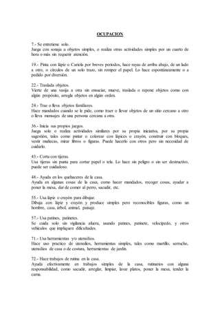 OCUPACION
7.- Se entretiene solo.
Juega con sonaja u objetos simples, o realiza otras actividades simples por un cuarto de
hora o más sin requerir atención.
19.- Pinta con lápiz o Cariola por breves periodos, hace rayas de arriba abajo, de un lado
a otro, o círculos de un solo trazo, sin romper el papel. Lo hace espontáneamente o a
pedido por diversión.
22.- Traslada objetos.
Vierte de una vasija a otra sin ensuciar, mueve, traslada o repone objetos como con
algún propósito, arregla objetos en algún orden.
24.- Trae o lleva objetos familiares.
Hace mandados cuando se le pide, como traer o llevar objetos de un sitio cercano a otro
o lleva mensajes de una persona cercana a otra.
36.- Inicia sus propios juegos.
Juega solo o realiza actividades similares por su propia iniciativa, por su propia
sugestión, tales como pintar o colorear con lápices o crayón, construir con bloques,
vestir muñecas, mirar libros o figuras. Puede hacerlo con otros pero sin necesidad de
cuidarlo.
43.- Corta con tijeras.
Usa tijeras sin punta para cortar papel o tela. Lo hace sin peligro o sin ser destructivo,
puede ser cuidadoso.
48.- Ayuda en los quehaceres de la casa.
Ayuda en algunas cosas de la casa, como hacer mandados, recoger cosas, ayudar a
poner la mesa, dar de comer al perro, sacudir, etc.
55.- Usa lápiz o crayón para dibujar.
Dibuja con lápiz y crayón y produce simples pero reconocibles figuras, como un
hombre, casa, árbol, animal, paisaje.
57.- Usa patines, patinetes.
Se cuida solo sin vigilancia afuera, usando patines, patinete, velocípedo, y otros
vehículos que impliquen dificultades.
71.- Usa herramientas y/o utensilios.
Hace uso practico de utensilios, herramientas simples, tales como martillo, serrucho,
utensilios de casa o de costura, herramientas de jardín.
72.- Hace trabajos de rutina en la casa.
Ayuda efectivamente en trabajos simples de la casa, rutinarios con alguna
responsabilidad, como sacudir, arreglar, limpiar, lavar platos, poner la mesa, tender la
cama.
 
