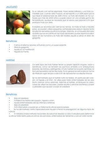 JINJOLERO
                             Es un arbusto con ramas espinosas, hojas verdes brillosas y una fruta co-
                             mestible que, cuando está madura, es semejante a un dátil (razón por la
                             que lleva el sobrenombre de dátil chino). La fruta del jinjolero se ha cul-
                             tivado por más de 4000 años y puede crecer en una amplia gama de
                             temperaturas, aunque es necesario que el verano sea caluroso a fin que
                             produzca fruta con éxito.

                             El jinjolero se reconoce por calmar los nervios. Al moler la fruta y hacerla
                             polvo, se pueden utilizar pequeñas cantidades para reducir rápidamente
                             los efectos del estrés y purificar la sangre. Además, el compuesto llamado
                             azufaifa que se encuentra en las hojas del jinjolero puede reprimir el sabor
                             dulce en los humanos y la fruta del jinjolero ayuda a aliviar el dolor de
                             garganta.
Beneficios:
  •     Calma el sistema nervioso actuando como un suave sedante
  •     Alivia la garganta
  •     Ayuda en la meditación
  •     Aquieta la mente



HARITAKI
                             Los siete tipos del fruto haritaki tienen su propio aspecto singular, sabor y
                             beneficios, como así también los químicos similares a la antraquinona
                             (laxante), las taninas y astringentes. El fruto haritaki forma parte del trifala, la
                             fórmula ayurvédica de las tres frutas. Por lo general se administra en forma
                             de trifala en lugar de por sí sola a fin de aprovechar sus efectos tónicos.

                             Se ha demostrado que el haritaki nutre los tejidos, en particular del cora-
                             zón, el hígado y el riñón. Se utiliza para tratar enfermedades de los ojos
                             (tanto internas como externas). Además el haritaki, al bloquear la capa-
                             cidad de utilizar los azúcares, puede ayudar a eliminar bacterias y posee
                             cualidades que ayudan a bajar el colesterol.



Beneficios:
  •      Baja el colesterol.
  •      Fortalece los tejidos del corazón, hígado y riñón.
  •      Ayuda enfermedades del ojo internas y externas.
  •      Baja el colesterol.
  •      Anti-inflamatorio y puede ser un tratamiento eficaz para la soriasis.
  •      Se ha demostrado cierta capacidad para ayudar a frenar la propagación de algunos tipos de
  cáncer.
  •      En Estados Unidos institutos nacionales de salud han llevado a cabo 4 estudios para determinar
  su eficaz tratamiento para el cáncer de páncreas, enfermedad de Alzheimer y cáncer colón rectal.
 
