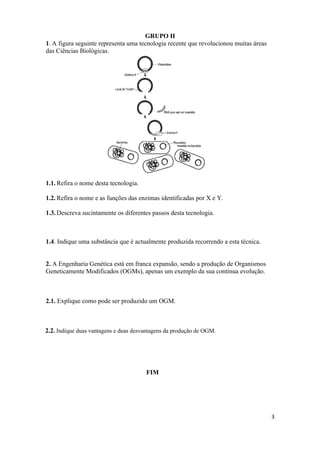 GRUPO II
1. A figura seguinte representa uma tecnologia recente que revolucionou muitas áreas
das Ciências Biológicas.




1.1. Refira o nome desta tecnologia.

1.2. Refira o nome e as funções das enzimas identificadas por X e Y.

1.3. Descreva sucintamente os diferentes passos desta tecnologia.



1.4. Indique uma substância que é actualmente produzida recorrendo a esta técnica.


2. A Engenharia Genética está em franca expansão, sendo a produção de Organismos
Geneticamente Modificados (OGMs), apenas um exemplo da sua contínua evolução.



2.1. Explique como pode ser produzido um OGM.



2.2. Indique duas vantagens e duas desvantagens da produção de OGM.




                                       FIM




                                                                                       3
 
