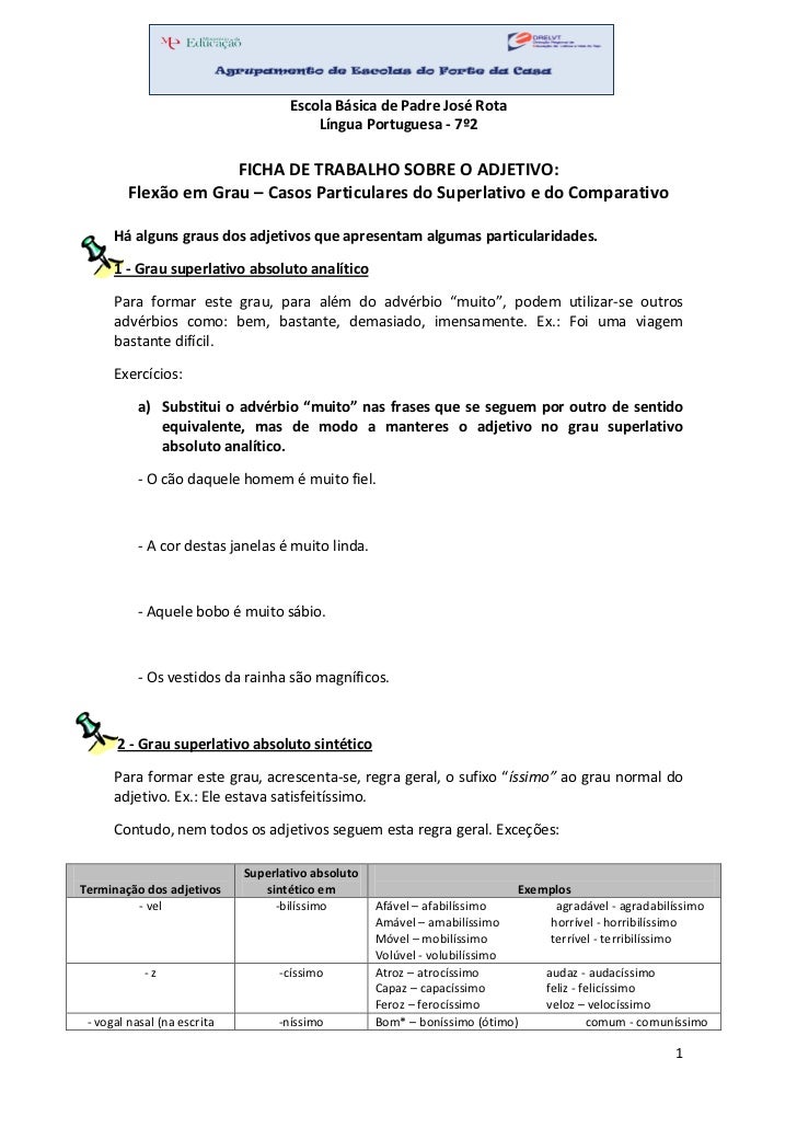 Ficha de Trabalho – O Adjectivo (1) - Bem Explicado