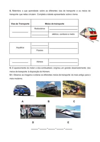8. Relembra o que aprendeste sobre as diferentes vias de transporte e os meios de
transporte que nelas circulam. Completa a tabela apresentada sobre o tema.
9. O aparecimento do motor e dos combustíveis originou um grande desenvolvimento dos
meios de transporte à disposição do Homem.
9.1. Observa as imagens e ordena os diferentes meios de transporte do mais antigo para o
mais moderno.
A B C
D E
______ - ______ - ______ - ______ - ______
Vias de Transporte Meios de transporte
______________
Rodoviários _________________________
______________ elétrico, comboio e metro
Aquática
______________
_________________________
Fluviais
______________ Aéreos _________________________
 
