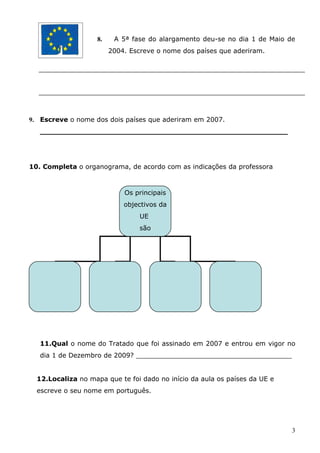 8.    A 5ª fase do alargamento deu-se no dia 1 de Maio de
                         2004. Escreve o nome dos países que aderiram.




9. Escreve o nome dos dois países que aderiram em 2007.
   ______________________________________________________




10. Completa o organograma, de acordo com as indicações da professora



                             Os principais
                             objectivos da
                                  UE
                                  são




   11.Qual o nome do Tratado que foi assinado em 2007 e entrou em vigor no
   dia 1 de Dezembro de 2009? ______________________________________


  12.Localiza no mapa que te foi dado no início da aula os países da UE e
  escreve o seu nome em português.




                                                                            3
 