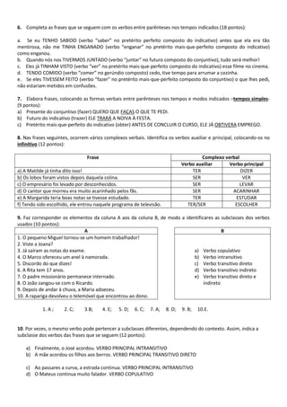 6. Completa as frases que se seguem com os verbos entre parênteses nos tempos indicados (18 pontos):
a. Se eu TENHO SABIDO (verbo “saber” no pretérito perfeito composto do indicativo) antes que ela era tão
mentirosa, não me TINHA ENGANADO (verbo “enganar” no pretérito mais-que-perfeito composto do indicativo)
como enganou.
b. Quando nós nos TIVERMOS JUNTADO (verbo “juntar” no futuro composto do conjuntivo), tudo será melhor!
c. Eles já TINHAM VISTO (verbo “ver” no pretérito mais-que-perfeito composto do indicativo) esse filme no cinema.
d. TENDO COMIDO (verbo “comer” no gerúndio composto) cedo, tive tempo para arrumar a cozinha.
e. Se eles TIVESSEM FEITO (verbo “fazer” no pretérito mais-que-perfeito composto do conjuntivo) o que lhes pedi,
não estariam metidos em confusões.
7. Elabora frases, colocando as formas verbais entre parênteses nos tempos e modos indicados –tempos simples-
(9 pontos):
a) Presente do conjuntivo (fazer) QUERO QUE FAÇAS O QUE TE PEDI.
b) Futuro do indicativo (trazer) ELE TRARÁ A NOIVA À FESTA.
c) Pretérito mais-que-perfeito do indicativo (obter) ANTES DE CONCLUIR O CURSO, ELE JÁ OBTIVERA EMPREGO.
8. Nas frases seguintes, ocorrem vários complexos verbais. Identifica os verbos auxiliar e principal, colocando-os no
infinitivo (12 pontos):
Frase Complexo verbal
Verbo auxiliar Verbo principal
a) A Matilde já tinha dito isso! TER DIZER
b) Os lobos foram vistos depois daquela colina. SER VER
c) O empresário foi levado por desconhecidos. SER LEVAR
d) O cantor que morreu era muito acarinhado pelos fãs. SER ACARINHAR
e) A Margarida teria boas notas se tivesse estudado. TER ESTUDAR
f) Tendo sido escolhido, ele entrou naquele programa de televisão. TER/SER ESCOLHER
9. Faz corresponder os elementos da coluna A aos da coluna B, de modo a identificares as subclasses dos verbos
usados (10 pontos):
A B
1. O pequeno Miguel tornou-se um homem trabalhador!
2. Viste a Joana?
3. Já saíram as notas do exame.
4. O Marco ofereceu um anel à namorada.
5. Discordo do que dizes!
6. A Rita tem 17 anos.
7. O padre missionário permanece internado.
8. O João zangou-se com o Ricardo.
9. Depois de andar à chuva, a Maria adoeceu.
10. A rapariga devolveu o telemóvel que encontrou ao dono.
a) Verbo copulativo
b) Verbo intransitivo
c) Verbo transitivo direto
d) Verbo transitivo indireto
e) Verbo transitivo direto e
indireto
1. A ; 2. C; 3.B; 4. E; 5. D; 6. C; 7. A; 8. D; 9. B; 10.E.
10. Por vezes, o mesmo verbo pode pertencer a subclasses diferentes, dependendo do contexto. Assim, indica a
subclasse dos verbos das frases que se seguem (12 pontos):
a) Finalmente, o José acordou. VERBO PRINCIPAL INTRANSITIVO
b) A mãe acordou os filhos aos berros. VERBO PRINCIPAL TRANSITIVO DIRETO
c) Ao passares a curva, a estrada continua. VERBO PRINCIPAL INTRANSITIVO
d) O Mateus continua muito falador. VERBO COPULATIVO
 