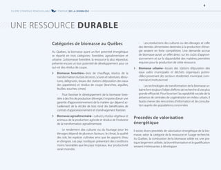 Catégories de biomasse au Québec
Au Québec, la biomasse ayant un fort potentiel énergétique
se répartit en trois catégories: forestière, agroalimentaire et
urbaine. La biomasse forestière, la ressource la plus répandue,
présente encore un bon potentiel de développement pour ce
qui est des résidus de coupe.
[
[ Biomasse forestière–bois de chauffage, résidus de la
transformation du bois (écorces, sciures et rabotures, ébou-
tures, délignures, boues des stations d’épuration des eaux
des papetières) et résidus de coupe (branches, aiguilles,
feuilles, souches, cimes)
• Pour favoriser le développement de la biomasse fores-
tière à des fins de production d’énergie, il importe d’avoir une
garantie d’approvisionnement de la matière qui dépend ac-
tuellement de la récolte de bois rond des bénéfi­
ciaires de
contrats d’approvisionnement et d’aménagement forestier.
[
[ Biomasse agroalimentaire–cultures, résidus végétaux et
animaux de la production agricole et résidus de l’industrie
de la transformation agroalimentaire
• Le rendement des cultures ou du fourrage pour les
élevages dépend de plusieurs facteurs: le climat, la qualité
des sols, les espèces cultivées ainsi que les apports d’eau
et d’engrais. Les pays nordiques présentant des conditions
moins favorables que les pays tropicaux, leur productivité
serait moindre.
• Les productions des cultures ou des élevages et celle
des denrées alimentaires destinées à la production d’éner-
gie seraient en forte compétition. Une demande accrue
de biomasse aurait un effet direct sur les coûts d’approvi-
sionnement et sur la disponibilité des matières premières
requises pour la production de cette ressource.
[
[ Biomasse urbaine–boues des stations d’épuration des
eaux usées municipales et déchets organiques putres-
cibles provenant des secteurs résidentiel, municipal, com-
mercial et institutionnel
• Les technologies de transformation de la biomasse ur-
baine font toujours l’objet d’efforts de recherche d’une plus
grande efficacité. Pour favoriser l’acceptabilité sociale de la
présence de centrales de cogénération en milieu urbain, il
faudra mener des rencontres d’information et de consulta-
tion auprès des populations concernées.
Procédés de valorisation
énergétique
Il existe divers procédés de valorisation énergétique de la bio-
masse, selon la catégorie de la ressource et l’usage recherché.
Au Québec, la combustion de la biomasse solide est une pra-
tique largement utilisée; la biométhanisation et la gazéification
seraient intéressantes à développer.
UNE RESSOURCE DURABLE
FILIÈRE D’ÉNERGIE RENOUVELABLE L’ÉNERGIE DE LA BIOMASSE
4
 