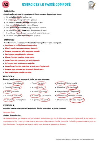 EXERCICE 8
Je n'ai pas vu ce film la semaine dernière.
Elle n'a pas fini ses devoirs avant de sortir.
Nous ne sommes pas allés au musée samedi.
Ils n'ont pas mangé tous les gâteaux.
Elle ne s'est pas réveillée tôt ce matin.
Vous n'avez pas rencontré vos amis hier soir.
Il n'est pas parti en vacances en juillet.
Les enfants n'ont pas joué dans le parc toute l'après-midi.
Nous ne nous sommes pas promenés dans le parc.
Paul ne s’est pas couché très tard.
EXERCICES LE PASSÉ COMPOSÉ
EXERCICE 6
Complétez les phrases en choisissant la forme correcte du participe passé.
A2
Elle est (allé / allée) à la plage hier.
Ils ont (mangé / mangés) tous les gâteaux.
Les filles sont (rentré / rentrées) tard après la fête.
Nous avons (pris / prises) le train à 8 heures.
Il est (descendu / descendue) rapidement de l'escalier.
Les enfants ont (fini / finies) leurs devoirs avant de sortir.
Ils sont (venu / venus) nous rendre visite le week-end dernier.
Les valises sont (resté / restées) dans la voiture.
EXERCICE 7
Transformez les phrases suivantes à la forme négative au passé composé.
Écoutez les phrases et entourez le verbe que vous entendez.
Je déjeune / J’ai déjeuné
J’écoute / J’ai écouté
Je parle / J’ai parlé
Je cuisine / J’ai cuisiné
Je téléphone / J’ai téléphoné
J’écris / J’ai écrit
Je finis / J’ai fini
Je choisis / J’ai choisi
Je construis / J’ai construit
Je grandis / J’ai grandi
Il se réveille / Il s’est réveillé
Elle se lève / Elle s’est levée
Il se promène / Il s’est promené
Elle se couche / Elle s’est couchée
Elle se maquille / Elle s’est maquillée
EXERCICE 9
Réponses libres
Modèle de production :
Le weekend dernier, j’ai passé un très bon moment. Samedi matin, j’ai fait du sport avec mes amis. L’après-midi, je suis allé(e) au
cinéma voir un film. Le soir, j’ai dîné dans un restaurant italien avec ma famille. Dimanche, j’ai fait la grasse matinée et j’ai lu un
livre. Finalement, j’ai regardé une série sur Netflix pour terminer le weekend en douceur.
Carolina García Mora - Le Baobab Bleu www.lebaobabbleu,com
Racontez ce que vous avez fait le weekend dernier en utilisant le passé composé.
 