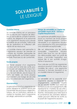 2
             SOL VABILITÉ
                          E
               L E LEXIQU

Contrôle interne                              Marge de solvabilité ou capital de
                                              solvabilité requis (SCR – Solvency
Le contrôle interne est un processus
                                              Capital Requirement)
mis en œuvre par l’organe de direc-
tion (c’est-à-dire le conseil d’adminis-      Le capital de solvabilité requis corres-
tration), les dirigeants et le personnel      pond au montant de fonds propres
d’un organisme assureur pour assurer          estimé réglementairement comme
la maîtrise de ses activités, l’efficacité    nécessaire à un organisme assureur
de ses opérations et l’utilisation effi-      pour absorber le choc provoqué par
ciente de ses ressources.                     une sinistralité exceptionnelle.
Le contrôle interne doit permettre à          Elle est déterminée par les pertes
l’organisme assureur de prendre en            auxquelles l’organisme assureur
compte de manière appropriée les              devra faire face en cas de scéna-
risques significatifs, qu’ils soient opéra-   rios défavorables selon son profil de
tionnels, financiers ou de conformité.        risque, c’est-à-dire l’exposition aux
                                              risques liés à son activité d’orga-
Fonds propres                                 nisme d’assurance.

Les fonds propres d’un organisme              Pour calculer ce SCR, les organismes
assureur sont le total des actifs pos-        assureurs pourront choisir entre deux
sédés par cet organisme moins l’en-           modèles de calcul : une approche
semble de ses dettes. Plus les fonds          standard (« formule standard ») ou
propres sont élevés, plus le risque de        un modèle interne à l’organisme.
faillite est faible. Les fonds propres
                                              Solvabilité
représentent une marge de sécurité
pour les créanciers de l’organisme.           La solvabilité est la capacité d’un
                                              organisme assureur à respecter les
Gouvernance                                   engagements contractés auprès
                                              de ses assurés, quelles que soient les
La gouvernance d’un organisme as-             échéances de ces engagements. Elle
sureur désigne le système formé par           représente le « matelas de sécurité »,
l’ensemble des processus, réglemen-           au-delà des provisions techniques suf-
tations, lois et institutions destinés à      fisantes, nécessaires pour faire face à
cadrer la manière dont l’organisme            la survenance de scénarios défavo-
est dirigé, administré et contrôlé.           rables pouvant affecter les actifs ou
                                              le passif de l’organisme assureur.

                     Solvabilité 2 et les institutions de prévoyance - CTIP - 2013 9
 