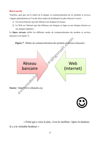 17
Bon à savoir
Toutefois, quel que soit le métier de la banque, la commercialisation de ces produits et services
s’appuie généralement sur l’un des deux modes de distribution les plus observés à savoir :
1. Un réseau bancaire (qui fait référence aux banques de réseau),
2. Le Web ou l’Internet (qui fait référence aux banques en ligne ou aux banques directes ou
aux banques digitales).
La figure suivante chiffre les différents modes de commercialisation des produits et services
bancaires (voir figure 7).
Figure 7 : Modes de commercialisation des produits et services bancaires
Source : http://www.wikipadia.org

« Celui qui a vécu le pire, vivra le meilleur. Apres la douleur,
il y a le véritable bonheur »
Réseau
bancaire
Web
(Internet)
 