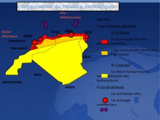 L’organisation de l’espace du Maghreb Légende : I)  Les contrastes régionaux A)  Le littoral Du plus peuplé avec des  activités diversifiées … …  au moins peuplé  tourné vers  l’agriculture B)  L’intérieur Un désert humain tourné  vers l’exploitation des  hydrocarbures II)  Les dynamiques Les principales villes Les échanges  commerciaux Alger Tunis Casablanca Rabat Marrakech Oran MAURITANIE NIGER LIBYE MALI Océan Atlantique Mer Méditerranée 