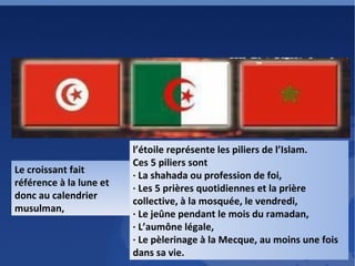 Le croissant fait référence à la lune et donc au calendrier musulman,  l’étoile représente les piliers de l’Islam. Ces 5 piliers sont · La shahada ou profession de foi, · Les 5 prières quotidiennes et la prière collective, à la mosquée, le vendredi, · Le jeûne pendant le mois du ramadan, · L’aumône légale, · Le pèlerinage à la Mecque, au moins une fois dans sa vie. 