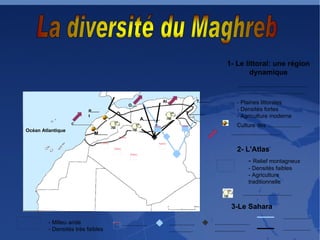 1- Le littoral: une région dynamique Océan Atlantique M....... ............................................ ........................................... C................... R.......t O..... Al..... T.......... - Plaines littorales - Densités fortes - Agriculture moderne Culture des ..................... ............................... -  Relief montagneux - Densités faibles - Agriculture traditionnelle T............ ............................... 2- L'Atlas 3-Le Sahara - Milieu aride - Densités très faibles ............... A............ ................ ............... ...................... ................... ................. ................. 