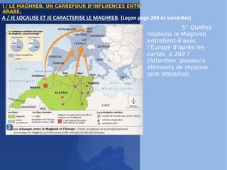 I / LE MAGHREB, UN CARREFOUR D’INFLUENCES ENTRE L’EUROPE ET LE MONDE ARABE. 5° Quelles relations le Maghreb entretient-il avec l’Europe d’après les cartes  p 209 ? (Attention, plusieurs éléments de réponse sont attendus) A / JE LOCALISE ET JE CARACTERISE LE MAGHREB . (Leçon page 204 et suivantes) 