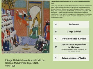 L'Ange Gabriel révèle la surate VIII du Coran à Muhammad Siyar-i Nabi vers 1595 Mahomet L’ange Gabriel Les successeurs possibles de Mahomet les califes Abu Bakr, 'Omar, 'Othman et 'Ali, vêtu lui aussi de vert.  Tribus nomades d’Arabie Tribus nomades d’Arabie L'Ange Gabriel révèle la surate VIII du Coran à Muhammad Siyar-i Nabi  Cette page vient d'une "Vie du Prophète" en six volumes, commandée par le sultan ottoman Murad III (1574-1595) au calligraphe Mustafà ibn Vali. Elle a été réalisée dans l'atelier (naqqâchkhâneh) impérial, dirigé alors par le peintre Lutfi 'Abdullâh. L'ensemble comportait 814 miniatures. Celle-ci montre un épisode essentiel de la révélation musulmane : l'ange Gabriel, messager divin, dépose dans les mains du prophète Muhammad une feuille portant le texte du verset 41 de la surate VIII du Coran.  A B C D E 