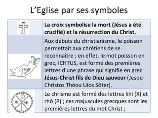 L’Eglise par ses symboles La croix symbolise la mort (Jésus a été crucifié) et la résurrection du Christ. ICHTUS Aux débuts du christianisme, le poisson permettait aux chrétiens de se reconnaître ; en effet, le mot poisson en grec, ICHTUS, est formé des premières lettres d'une phrase qui signifie en grec  Jésus-Christ fils de Dieu sauveur  (Jesou Christos Théou Uios Sôter). Le chrisme est formé des lettres khi (X) et rhô (P) ; ces majuscules grecques sont les premières lettres du mot Christ ;  