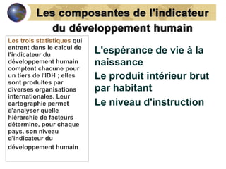 Les trois statistiques  qui entrent dans le calcul de l'indicateur du développement humain comptent chacune pour un tiers de l'IDH ; elles sont produites par diverses organisations internationales. Leur cartographie permet d'analyser quelle hiérarchie de facteurs détermine, pour chaque pays, son niveau d'indicateur du développement humain .   L'espérance de vie à la naissance   Le produit intérieur brut par habitant  Le niveau d'instruction  