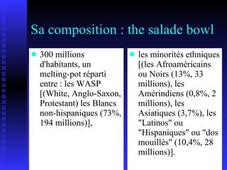 Sa composition : the salade bowl 300 millions d'habitants, un melting-pot réparti entre : les WASP [(White, Anglo-Saxon, Protestant) les Blancs non-hispaniques (73%, 194 millions)], les minorités ethniques [(les Afroaméricains ou Noirs (13%, 33 millions), les Amérindiens (0,8%, 2 millions), les Asiatiques (3,7%), les "Latinos" ou "Hispaniques" ou "dos mouillés" (10,4%, 28 millions)]. 