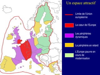 Un espace attractif   Limite de l’Union européenne  Le cœur de l‘Europe  Les périphéries dynamiques  La périphérie en retard  L’Europe pauvre en cours de modernisation  