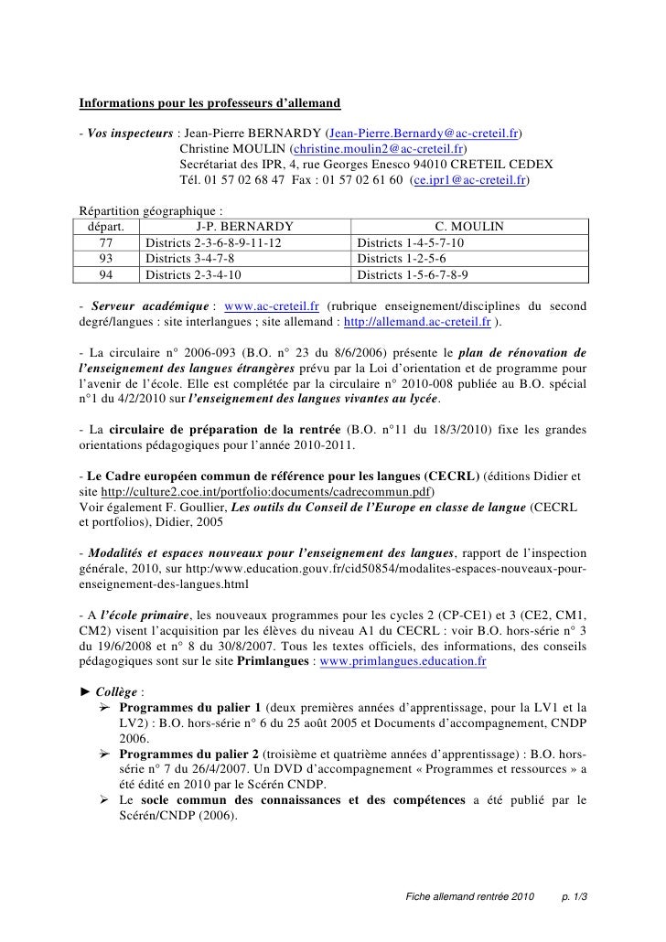 Fiche Allemand Rentrée 2010 - 