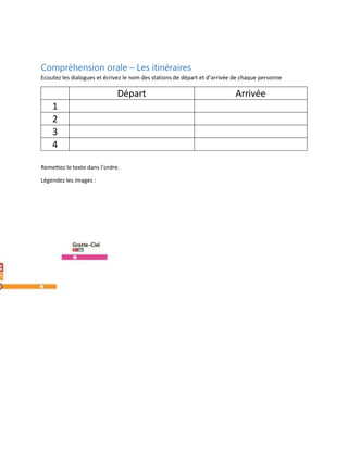 Compréhension orale – Les itinéraires
Ecoutez les dialogues et écrivez le nom des stations de départ et d’arrivée de chaque personne

Départ
1
2
3
4
Remettez le texte dans l’ordre.
Légendez les images :

Arrivée

 
