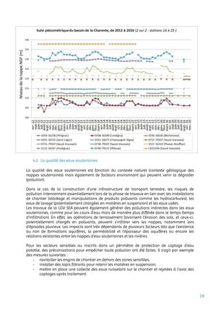 19
4.2. La qualité des eaux souterraines
La qualité des eaux souterraines est fonction du contexte naturel (contexte géologique des
nappes souterraines) mais également de facteurs environnant qui peuvent venir la dégrader
(pollution).
Dans le cas de la construction d'une infrastructure de transport terrestre, les risques de
pollution interviennent essentiellement lors de la phase de travaux en lien avec les installations
de chantier (stockage et manipulations de produits polluants comme les hydrocarbures), les
eaux de lavage (potentiellement chargées en matières en suspension) et les eaux usées.
Les travaux de la LGV SEA peuvent également générer des pollutions indirectes dans les eaux
souterraines, comme pour les cours d’eau mais de manière plus différée dans le temps (temps
d’infiltration). En effet, les opérations de terrassement favorisent l’érosion des sols, et ceux-ci,
potentiellement chargés en polluants, peuvent s’infiltrer vers les nappes, notamment lors
d’épisodes pluvieux. Les impacts sont très dépendants de plusieurs facteurs tels que l’existence
ou non de formations aquifères, la perméabilité et l'épaisseur des aquifères ou encore les
relations existantes entre les nappes d’eau souterraines et les rivières.
Pour les secteurs sensibles ou inscrits dans un périmètre de protection de captage d’eau
potable, des préconisations pour empêcher toute pollution ont été faites. Il s’agit par exemple
des mesures suivantes :
- ravitailler les engins de chantier en dehors des zones sensibles,
- installer des tapis filtrants pour retenir les matières en suspension,
- mettre en place une collecte des eaux ruisselant sur le chantier et rejetées à l'aval des
captages après traitement.
 