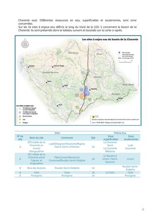 6
Charente aval. Différentes ressources en eau, superficielles et souterraines, sont ainsi
concernées.
Sur les 16 sites à enjeux eau définis le long du tracé de la LGV, 5 concernent le bassin de la
Charente. Ils sont présentés dans le tableau suivant et localisés sur la carte ci-après.
Sites Thème Eau
N° du
site
Nom du site Commune Dpt
Eaux
superficielles
Eaux
souterraines
1
ZPS Vallée de la
Charente en
amont
d'Angoulême
Luxé/Villognon/Vouharte/Bignac
/Saint-Genis-d'Hiersac 16
La Charente
Nord
La Charente
Médiane
Luxé
Vouharte
2
ZSC Vallée de la
Charente entre
Cognac et
Angoulême
Fléac/Linars/Nersac/La
Couronne/Roullet-Saint-Estèphe
16
La Nouère à
Linars / Saint-
Saturnin
Linars
3 Bois des Autures Roullet-Saint-Estèphe 16
Roullet-Saint-
Estèphe
4 Claix Claix 16 La Claix Claix
5 Poulignac Poulignac 16 Poulignac
 
