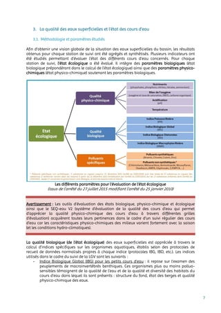 7
3. La qualité des eaux superficielles et l’état des cours d’eau
3.1. Méthodologie et paramètres étudiés
Afin d’obtenir une vision globale de la situation des eaux superficielles du bassin, les résultats
obtenus pour chaque station de suivi ont été agrégés et synthétisés. Plusieurs indicateurs ont
été étudiés permettant d’évaluer l’état des différents cours d’eau concernés. Pour chaque
station de suivi, l’état écologique a été évalué. Il intègre des paramètres biologiques (état
biologique prépondérant dans le calcul de l’état écologique) ainsi que des paramètres physico-
chimiques (état physico-chimique) soutenant les paramètres biologiques.
Les différents paramètres pour l’évaluation de l’état écologique
(issus de l’arrêté du 27 juillet 2015 modifiant l’arrêté du 25 janvier 2010)
Avertissement : Les outils d’évaluation des états biologique, physico-chimique et écologique
ainsi que le SEQ-eau V2 (système d'évaluation de la qualité des cours d'eau qui permet
d’apprécier la qualité physico-chimique des cours d’eau à travers différentes grilles
d'évaluation) acquièrent toutes leurs pertinences dans le cadre d’un suivi régulier des cours
d’eau car les caractéristiques physico-chimiques des milieux varient fortement avec la saison
(et les conditions hydro-climatiques).
La qualité biologique (de l’état écologique) des eaux superficielles est appréciée à travers le
calcul d’indices spécifiques sur les organismes aquatiques, établis selon des protocoles de
recueil de données normalisés propres à chaque indice (protocoles IBG, IBD, etc.). Les indices
utilisés dans le cadre du suivi de la LGV sont les suivants :
- Indice Biologique Global (IBG) pour les petits cours d’eau : il repose sur l’examen des
peuplements de macroinvertébrés benthiques. Ces organismes plus ou moins polluo-
sensibles témoignent de la qualité de l’eau et de la qualité et diversité des habitats du
cours d’eau dans lequel ils sont présents : structure du fond, état des berges et qualité
physico-chimique des eaux.
 