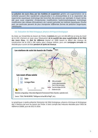 9
La pollution de cours d’eau par les matières en suspension génère une augmentation de la
turbidité pouvant être rapidement préjudiciable à la photosynthèse et à la respiration des
organismes aquatiques (colmatage des branchies des poissons par exemple). A moyen terme,
elle peut aussi engendrer d’importantes modifications hydromorphologiques (colmatage,
modification des vitesses d’écoulement, etc.) venant perturber les habitats aquatiques. D’autre
part, ces particules peuvent de plus transporter différentes formes de pollution (organiques,
métalliques).
3.2. Evaluation de l’état biologique, physico-chimique et écologique
Au total, sur l’ensemble du bassin de l’Indre, 2 stations de suivi ont été définies le long du tracé
de la LGV, d’amont en aval, pour l’évaluation de la qualité des eaux superficielles et de l’état
des cours d’eau. Un état de référence évalué en 2009 (avant le début des travaux de
construction de la LGV) a été retenu pour chaque station, puis une campagne annuelle est
réalisée pour suivre cet état pendant et après les travaux.
Le graphique ci-après présente l’évolution de l’état biologique, physico-chimique et écologique
des 2 stations de suivi du bassin de l’Indre. Il tient compte des mesures réalisées pour l’état de
référence (2009), puis de 2012 à 2016.
 