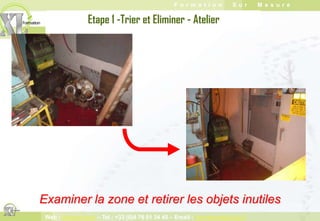 Les 5S Agissent sur les gaspillagesMet en place  le Management Visuel1. Sur-production :Supprime les recherches, diminue les temps de rangement ...Produire trop Produire trop tôtVisualise & Identifie les stocks2. AttentesPour finir le cycle, que ce soit une pièce ou une machine7. StockDiminue les déplacements, optimise l’espace...Améliore la qualité et la fiabilité des moyens3. Transport : tout déplacement inutile6. Réparation / Retouche4. Processus / traitement Toute étape non nécessaire5. Micro-mouvements : tout geste inutileAméliore les conditions de travail d’hygiène et de sécurité Améliore la visibilité du Processus