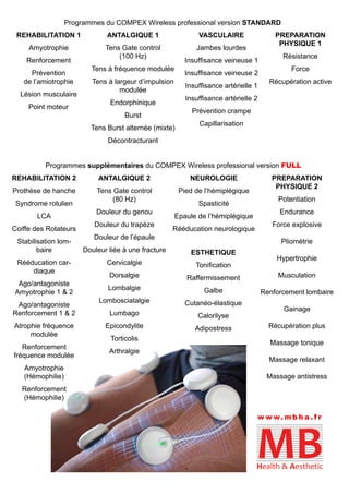 Programmes du COMPEX Wireless professional version STANDARD
REHABILITATION 1
Amyotrophie
Renforcement
Prévention
de l’amiotrophie
Lésion musculaire
Point moteur
ANTALGIQUE 1
Tens Gate control
(100 Hz)
Tens à fréquence modulée
Tens à largeur d’impulsion
modulée
Endorphinique
Burst
Tens Burst alternée (mixte)
Décontracturant
VASCULAIRE
Jambes lourdes
Insuffisance veineuse 1
Insuffisance veineuse 2
Insuffisance artérielle 1
Insuffisance artérielle 2
Prévention crampe
Capillarisation
PREPARATION
PHYSIQUE 1
Résistance
Force
Récupération active
Programmes supplémentaires du COMPEX Wireless professional version FULL
REHABILITATION 2
Prothèse de hanche
Syndrome rotulien
LCA
Coiffe des Rotateurs
Stabilisation lom-
baire
Rééducation car-
diaque
Ago/antagoniste
Amyotrophie 1 & 2
Ago/antagoniste
Renforcement 1 & 2
Atrophie fréquence
modulée
Renforcement
fréquence modulée
Amyotrophie
(Hémophilie)
Renforcement
(Hémophilie)
ANTALGIQUE 2
Tens Gate control
(80 Hz)
Douleur du genou
Douleur du trapèze
Douleur de l’épaule
Douleur liée à une fracture
Cervicalgie
Dorsalgie
Lombalgie
Lombosciatalgie
Lumbago
Epicondylite
Torticolis
Arthralgie
NEUROLOGIE
Pied de l’hémiplégique
Spasticité
Epaule de l’hémiplégique
Rééducation neurologique
PREPARATION
PHYSIQUE 2
Potentiation
Endurance
Force explosive
Pliométrie
Hypertrophie
Musculation
Renforcement lombaire
Gainage
Récupération plus
Massage tonique
Massage relaxant
Massage antistress
ESTHETIQUE
Tonification
Raffermissement
Galbe
Cutanéo-élastique
Calorilyse
Adipostress
w w w. m b h a . f r
 