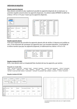 CRÉATION DE REQUÊTES
Requête apprentis dispensés
Nous devons connaître le plus rapidement possible les apprentis dispensés de ces épreuves. La
première requête concerne donc les apprentis dispensés. J’ai utilisé la table APPRENTI et défini les
critères <>’N’ et <>’A’ pour n’avoir que les apprentis dispensés.
Requête apprentis absents
Il est aussi important de connaître les apprentis absents afin de vérifier si l’absence est justifiée ou
non, s’il est nécessaire de convoquer ces apprentis pour une nouvelle évaluation. J’ai procédé de
la même manière que pour les apprentis dispensés, en définissant les critères <>’N’ et <>’D’.
Requête résultats CCF 2013
Enfin, nous devons avoir un récapitulatif des résultats de tous les apprentis, par section.
Requête en mode SQL :
SELECT "SECTION"."ID_SECTION", "APPRENTI"."NOM", "APPRENTI"."PRENOM", "APPRENTI"."DATE_NAISSANCE", "STATUT"."CATEGORIE",
"EPREUVE"."CCF1", "EPREUVE"."CCF2" FROM "APPRENTI", "SECTION", "EPREUVE", "STATUT" WHERE "APPRENTI"."ID_SECTION" =
"SECTION"."ID_SECTION" AND "EPREUVE"."ID_APPRENTI" = "APPRENTI"."ID_APPRENTI" AND "APPRENTI"."ID_STATUT" = "STATUT"."ID_STATUT"
Requête résultats CCF 2013
J’ai volontairement éclairci cette zone car il s’agit de résultats
d’examens.
 