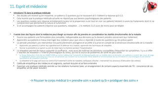 11.Espritetmédecine
• Introduire l’IE dans la pratique médicale
• Des études ont montré qu’en moyenne, un patient a 3 questions qui le tracassent et il n’obtient la réponse qu’à 1,5.
• Cela montre que la pratique médicale actuelle ne répond pas aux besoins psychologiques des patients.
• Les questions restées sans réponse entretiennent la peur et la propension à voir tout en noir. Les patients hésitent à suivre les traitements dont ils ne
comprennent pas pleinement la nature et la fonction.
• Si on accompagne les patients (réponse aux questions, relaxation …) ils mettent 2 à 3 jours de moins pour se rétablir
• Il existe bien des façons dont la médecine peut élargir sa mission afin de prendre en considération les réalités émotionnelles de la maladie
• Fournir aux patients une formulation plus complète, indispensable aux décisions qu’ils doivent prendre concernant leur traitement
• Apprendre aux patients à mieux interroger leur médecin pour que celui-ci réponde à toutes les questions qui les préoccupent
• La période précédant une intervention est particulièrement anxiogène et se prête à la prise en compte de la dimension émotionnelle de la maladie :
• Apprendre aux patients à calmer leur appréhension et atténuer leur malaise, apprendre des techniques de relaxation
• Donner la possibilité à un parent ou ami de rester dans la chambre pendant l’hospitalisation
• La relaxation permet de mieux supporter la souffrance , mais aussi de maîtriser les émotions susceptibles d’exacerber les symptômes. Il y a un effet
« réaction de relaxation » l’inverse physiologique du stress, qui est la source de problèmes de santé les plus variés
• Le Stress Reduction Clinic de Jon KABAT-ZINN au centre médical de l’université du Massachusetts est un modèle dans ce domaine. Les patients y suivent des cours de yoga
(+ méditation pleine conscience je crois) sur 10 semaines qui insistent sur la nécessité d’être attentif à l’enchainement de ses émotions et s’accompagne d’une séance
quotidienne de relaxation profonde
• La relaxation et le yoga sont aussi au centre d’un traitement contre les maladies cardiaques (résultat ; inversement du processus d’obturation des artères)
• L’attitude empathique des médecins et soignants, sachant écouter et se faire entendre
• Favoriser une pratique médicale centrée sur les relations humaines (avec un enseignement de certains aspects essentiels de l’IE : conscience de soi,
empathie, art de savoir écouter)
→ Pousser le corps médical à « prendre soin » autant qu’à « prodiguer des soins »
 