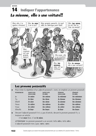 162
14
section
Indiquer l’appartenance
Questa pagina può essere fotocopiata esclusivamente per uso didattico © Loescher Editore – Torino
La mienne, elle a une voiture!!
Les pronoms possessifs
*	Pour éviter la répétition d’un adjectif possessif + nom, on emploie un pronom possessif:
	 possesseur	 masculin 	 masculin	 féminin 	 féminin
		 singulier 	 pluriel	 singulier	 pluriel
	Je	 le mien	 les miens	 la mienne	 les miennes
	Tu	 le tien	 les tiens	 la tienne	 les tiennes
	Elle/Il	 le sien	 les siens	 la sienne	 les siennes
	Nous	 le nôtre	 les nôtres	 la nôtre	 les nôtres
	Vous	 le vôtre	 les vôtres	 la vôtre	 les vôtres
	Elles/Ils	 le leur	 les leurs	 la leur 	 les leurs
*	Devant l’adjectif possessif il n’y a pas d’article, devant le pronom possessif il y a
toujours un article:
		C’est mon livre. C’est le mien.
	Attention! Le pronom possessif a un accent: le/la nôtre, le/la vôtre.
L’adjectif possessif n’en a pas: notre, votre.
Mon vélo, il a
quatre vitesses!
Moi, la mienne,
elle a une voiture!!
Moi, le mien
il en a six!!
Ma sœur, elle
a un scooter!
Moi, les
miennes,
elles ont un
château!
Mes
cousines
ont une
grande
maison!
Moi, les miens,
ils ont fait le
tour du monde!!
Mes grands-parents, ils sont
allés en Amérique pour Noël!
 