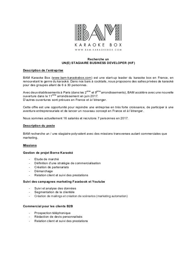 fiche de poste stagiaire business developer