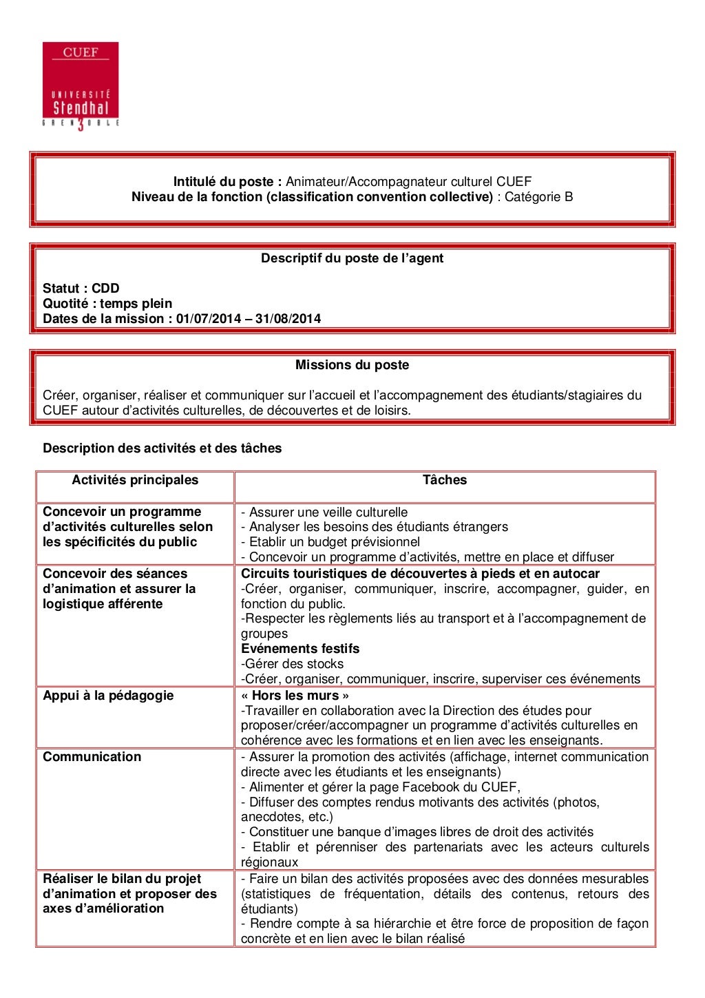 Fiche de poste animateur accompagnateur culturel