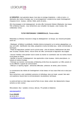 Fiche De Poste Responsable Commercial