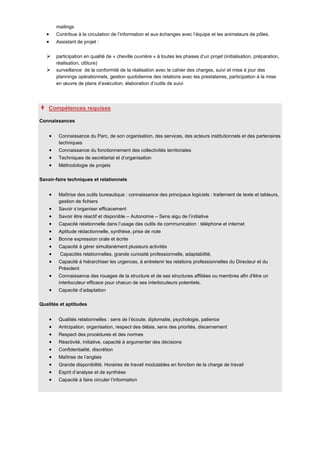 Fiche de poste secrétaire direction assistant projet