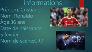 informations
Prénom: Cristiano
Nom: Ronaldo
Âge:36 ans
Date de naissance:
5 fevrier
Nom de scène:CR7
 