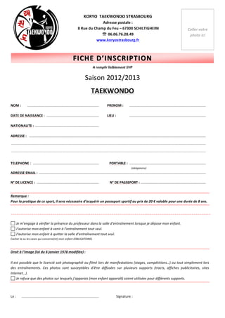 Fiche d'inscription tkd 2012 2013