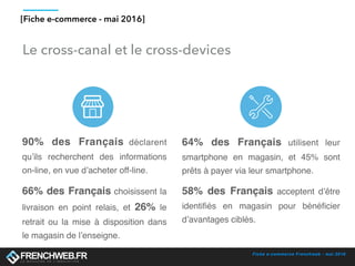 Fiche e-commerce Frenchweb - mai 2016
Le cross-canal et le cross-devices
[Fiche e-commerce - mai 2016]
64% des Français utilisent leur
smartphone en magasin, et 45% sont
prêts à payer via leur smartphone.
58% des Français acceptent d’être
identiﬁés en magasin pour bénéﬁcier
d’avantages ciblés.
90% des Français déclarent
qu’ils recherchent des informations
on-line, en vue d’acheter off-line.
66% des Français choisissent la
livraison en point relais, et 26% le
retrait ou la mise à disposition dans
le magasin de l’enseigne.
 