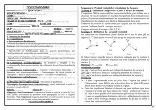 22
FICHE PEDAGOGIQUE
IDENTIFIANT
NOM ET PRENOMS : _ _ _ _ _ _ _ _ _ _ _ _ _ _ _
CORPS : _ _ _ _ _ __ _
DISCIPLINE : Mathématiques
CLASSE ET ETABLISSEMENTS : Tle D _ _ /CEG_ _ _ _ _ _ _ _ _ _ _ _ _ _
DATE : _ _ _ _ _ _ _ _ _ _ EFFECTIFS : _ _
TITLES
SA NO _ : _ _ _ _ _ _ _ _ _ _ _ _ _ _ _ _ _ _ _ _ _ _ _ _ _ _ DUREE :_ _ heures
SEQUENCES NO _ :_ _ _ _ _ _ _ _ _ _ _ _ _ _ _ DUREE :_ _ heures
ELEMENTS DE PLANIFICATION
1. Contenus de formation
1.1. Compétences
a) Lescompétencesdisciplinaires:
-Résoudreunproblèmeouunesituation-problèmeenutilisantlesconceptsetprocédures
dulangageetduraisonnement mathématique relatives _ __ _ _ _ _ _ _ _ _ _ _ _ _ _ _ _
__ _ _ _ _ _ _ _ _ _ _ _ _ _ _ _ __ __ __ _ _ _ _ _ _ _ _ _ _ _ _
- Appréhender la mathématique dans ses aspects géométriques par
l’appropriation des propriétés qui caractérisent _ __ _ _ _ _ _ _ _ _ _ _ _ _ _ _ _ __ _ _ _
_ _ _ _ _ _ _ _ _ _ _ _ __ __ __ _ _ _ _ _ _ _ _ _ _ _ _ _ _ _ __ _ _ _
- Appréhender la mathématique dans ses aspects numériques par le traitement
de données relatives _ __ _ _ _ _ _ _ _ _ _ _ _ _ _ _ _ __ _ _ _ _ _ _ _ _ _ _ _ _ _ _ _ __ __ __ _ _
b) Compétence transdisciplinaire :- Se préparer à intégrer la vie
professionnelle dans une perspective de réalisation de soi d’insertion dans la
société.
c) Compétences transversales : - Exploiter l’information disponible ; -
Résoudre une situation-problème ; - Communiquer de façon précise et
appropriée ; - Exercer sa pensée critique ; - Travailler en coopération.
1.2 Connaissances et techniques : _ _ _ _ _ _ _ _ _ _ _ _ _ _ _ _ _ _ _ _ _ _ __ _ _ _ _ _ _ _
_ _ _ _ _ _ _ _ __ _ _ _ _ _ _ _ _ _ _ _ _ _ _ _ __ _
1.3 Stratégie objet d’apprentissage : Résolution de problèmes.
2.Stratégies d’enseignement/apprentissage : travail individuel, travail en
groupe et travail collectif.
3.Durée : _ _ _ _ _ _ Séance NO : _ _ __ _ _ _
4-Matériel : -Pour l’enseignant : Programme d’études et guide de la classe de Tle D
craie, chiffon, instruments de géométrie, fiche pédagogique du jour et support
d’activités. - Pour l’apprenant : Supports d’activités, calculatrice, cahier de cours et de
recherche, stylos, colle, gomme, crayon, instruments de géométrie.
PHASE DE DEROULEMENT
Séquence 6 : Produit vectoriel et orientation de l’espace
Activité 1 : Définition - propriétés - Calcul d’aire et de volume.
L’ingénieur PIKO a contemplé les mouvements de la grue utilisée sur le
chantier en vue de soulever les lourdes charges lors de la réalisation des
piliers. Il observe minutieusement les mouvements les mouvements de
translation et de rotation que décrit le déplacement de la grue.
Il résume la position du conducteur par rapport aux dits mouvements
comme l’indique dans la consigne suivante.
L’espace est muni d’un repère (O ; i
⃗ , j
⃗ , k
⃗⃗ ).
Consigne 1 : Définition du produit vectoriel.
On considère un observateur placé debout en O sur le plan (P) de
repère(O ; i
⃗ , j
⃗ )tel que le vecteur 𝑘
⃗ soit dirigé de ses pieds vers sa tête.
Si l’observateur regarde dans la direction indiquée par le vecteur 𝑖,
indique dans les cas suivants lequel de ses bras indique la direction du
vecteur 𝑗.
Stratégie : TI :...... min TC : ....... min
Résultats attendus
1er cas : c’est son bras gauche qui indique la direction du vecteur 𝑗
2ème cas : c’est le bras droit qui indique la direction du vecteur 𝑗
3ème cas : c’est le bras gauche qui indique la direction du vecteur 𝑗
Retenons
➢ Le sens trigonométrie dans un plan dans l’espace est relatif à
l’observateur : pour définir une orientation dans un plan de l’espace,
il faut donc donner un vecteur normal à ce plan.
➢ Dans les conditions décrites ci-dessus, on peut déduire que dans
l’espace, il n’existe que deux classes de repère : la classe des repères
où c’est le bras gauche de l’observateur qui indique la direction de
j et qui est appelé classe des repères directes ; et la classe des repères
où c’est le bras droit qui indique la direction de jet qui est alors la
classe des repères indirecte.
 