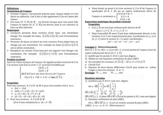 23
Définitions
Orientation de l’espace
✓ Orienter l’espace, c’est pouvoir préciser pour chaque repère si il est
direct ou indirecte, c’est à dire si elle appartient à l’un ou l’autre des
classes.
✓ Une base (u
⃗⃗⃗ , v
⃗⃗ , w
⃗⃗⃗⃗ ) de W est directe lorsque pour tout point Ode
l’espace, le repère (O ; u
⃗⃗⃗ , v
⃗⃗ , w
⃗⃗⃗⃗ )) est directe, dans le cas contraire, la
base est dite indirecte.
Remarques
➢ Lorsqu’on permute deux vecteurs d’une base, son orientation
change. Par exemple les bases (i, j, k
⃗ ) 𝑒𝑡 (j, i, k
⃗ ) sont d’orientations
contraires ;
➢ Permuter de façon circulaire les trois vecteurs d’une même base ne
change pas son orientation. Par exemple les bases (i, j, k
⃗ ) 𝑒𝑡 (j, k
⃗ , i)
ont la même orientation ;
➢ Remplacer un vecteur d’une base par son opposé c’est changer son
orientation. Par exemple (i, j, k
⃗ ) 𝑒𝑡 (−i, j, k
⃗ ) sont d’orientations
contraires.
Produit vectoriel
Soit 𝑢
⃗ et 𝑣 deux vecteurs de l’espace. On appelle produit vectoriel de 𝑢
⃗ et
𝑣 le vecteur noté u
⃗ ᴧv
⃗ et on lit << 𝑢
⃗ vectoriel 𝑣>>défini par
{
(u
⃗ ᴧv
⃗ ) ⊥ 𝑢
⃗
(u
⃗ ᴧv
⃗ ) ⊥ 𝒗
⃗
⃗
(𝒖
⃗
⃗ , 𝒗
⃗
⃗ , u
⃗ ᴧv
⃗ )𝑒𝑠𝑡 𝑢𝑛𝑒 𝑏𝑎𝑠𝑒 𝑑𝑖𝑟𝑒𝑐𝑡𝑒 𝑑𝑒 𝑙′
𝑒𝑠𝑝𝑎𝑐𝑒.
ǁ 𝑢
⃗ ᴧ 𝑣 ǁ = ǁ 𝑢
⃗ ǁ × ǁ 𝑣 ǁ × ৷ 𝐬𝐢𝐧 (u
⃗ , v
⃗ )৷.
̂
Propriétés
Pour tous vecteurs 𝑢
⃗ , 𝑣 et 𝑤
⃗⃗ de W et pour tout nombre réel α on a :
➢ u
⃗ ᴧv
⃗ = - v
⃗ ᴧu
⃗
➢ (α𝑢
⃗ ) 𝑣 = α (𝑢
⃗ 𝑣) = 𝑢
⃗ (α𝑣)
➢ u  (𝑣 + 𝑤
⃗⃗ ) = 𝑢
⃗  𝑣
⃗⃗⃗ + 𝑢
⃗ 𝑤
⃗⃗
➢ (𝑢
⃗ + 𝑣)  𝑤
⃗⃗ = (𝑢
⃗  𝑤
⃗⃗ ) + (𝑣 𝑤
⃗⃗ )
➢ Pour tous vecteurs 𝑢
⃗ , 𝑣 et 𝑤
⃗⃗ de W
(𝑢
⃗ et 𝑣
⃗⃗⃗ sont colinéaires)  (𝑢
⃗  𝑣 = 0
⃗ )
➢ Etant donné un point O et trois vecteurs 𝑢
⃗ , 𝑣 et 𝑤
⃗⃗ de l’espace, le
quadruplet (O ;𝑢
⃗ , 𝑣 ,𝑤
⃗⃗ ) est un repère orthonormé direct de
l’espace si, seulement si :{
∥ 𝑢
⃗ ∥=∥ 𝑣 ∥= 1
𝑢
⃗ . 𝑣 = 0
𝑢
⃗ ⋀𝑣 = 𝑤
⃗⃗
Expression analytique du produit vectoriel
Propriétés
✓ Si (𝑖, 𝑗, 𝑘
⃗ ) est une base orthonormée directe de W
alors 𝑖  𝑗 = 𝑘
⃗ ; 𝑘
⃗  𝑖 = 𝑗 ; 𝑗  𝑘
⃗ = 𝑖
✓ Dans l’ensemble W muni d’une base orthonormée directe, si les
vecteurs 𝑢
⃗ et 𝑣 ont respectivement pour coordonnées (x, y, z) et
(x’, y’, z’) alors le vecteur 𝑢
⃗  𝑣 a pour coordonnées :
(𝑦𝑧’ − 𝑧𝑦’ ; 𝑧𝑥’ − 𝑥𝑧’ ; 𝑥𝑦’ − 𝑦𝑥’)
Consigne 2 : Réinvestissement
Soit A (-1 ;0 ;1) ; B(1 ;-1 ;2) et C(0 ;-1 ;1) trois points de l’espace muni du
repère orthonormé direct (𝑂; 𝑖; 𝑗; 𝑘
⃗ ).
1) Justifie que les points A ; B et C sont non alignes.
2) Déduis-en une équation cartésienne du plan (ABC).
3) On considère les vecteurs. 𝑢
⃗ = 5𝑖
⃗⃗⃗ +3𝑗
⃗⃗⃗ − 2𝑘
⃗ et 𝑣=-2 𝑖+4 𝑗+ 𝑘
⃗⃗⃗ .
a- Calcule 𝑢
⃗ ᴧ𝑣.
b- Exprime de deux façons différentes ǁ 𝑢
⃗ ᴧ𝑣ǁ puis évalue en radian
l’angle α entre les vecteurs 𝑢
⃗ et 𝑣 .
Stratégie : TI :...... min TC : ....... min
Résultats attendus
1) Justifions que A ;B et C sont non alignes.
On a : AB
⃗⃗⃗⃗⃗ (
2
−1
1
) et AC
⃗⃗⃗⃗⃗ (
1
−1
0
)
AB
⃗⃗⃗⃗⃗ ⋀ AC
⃗⃗⃗⃗⃗ (|
−1 1
−1 0
| ; |
1 2
0 1
| ; |
2 − 1
1 − 1
|)
AB
⃗⃗⃗⃗⃗ ⋀ AC
⃗⃗⃗⃗⃗ (1, 1, -1) donc AB
⃗⃗⃗⃗⃗ ⋀ AC
⃗⃗⃗⃗⃗ ≠ O
⃗⃗ d’où les points A, B, C sont non alignés
2) Equation cartésienne du plan (ABC).
On a : AB
⃗⃗⃗⃗⃗ ⋀ AC
⃗⃗⃗⃗⃗ (1, 1, -1) est un vecteur normal du plan (ABC) .
(ABC) : x + y – z+ d = 0 ; Déterminons d
 