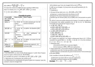 25
d(A ;(ABC)) =
৷𝐵𝐴
⃗⃗⃗⃗⃗⃗⃗ .(𝐵𝐶
⃗⃗⃗⃗⃗  𝐵𝐷
⃗⃗⃗⃗⃗⃗ )৷
ǁ 𝐵𝐶
⃗⃗⃗⃗⃗ 𝐵𝐷
⃗⃗⃗⃗⃗⃗ ǁ
=
4√3
3
𝑢𝑙
5°) Calcul du volume de ABCD de deux manières différentes
Soit V ce volume, on a : V=
1
6
৷𝐵𝐶
⃗⃗⃗⃗⃗ . (𝐵𝐶
⃗⃗⃗⃗⃗  𝐵𝐷
⃗⃗⃗⃗⃗⃗ )৷=
4
3
𝑢𝑣 donc
V =
1
3
× A × d(A ;(ABC)) =
4
3
𝑢𝑣
Ensemble de points
L’ensemble
des points M
tels que
Dans le plan Dans l’espace
𝐴𝑀
⃗⃗⃗⃗⃗⃗ .𝑢
⃗ = 0 La droite de
repère
(𝐴 ; 𝑣)où 𝑣 ⊥
𝑢
⃗
Le plan passant par A et de
vecteur normal 𝑢
⃗
𝐴𝑀
⃗⃗⃗⃗⃗⃗ . 𝐵𝑀
⃗⃗⃗⃗⃗⃗ =0 Le cercle de
diamètre
[AB]
La sphère de diamètre [AB ]
AM=BM La
médiatrice
du segment
[AB]
Le plan médiateur du
segment [AB]
AM= r ; r ∈
ℝ∗
+
Le cercle de
centre A et de
rayon r
La sphère de centre A et de
rayon r
𝐴𝑀
⃗⃗⃗⃗⃗⃗ ∆𝑢
⃗ = 0
⃗ La droite de repère(𝐴 ; 𝑢
⃗ )
𝐴𝑀
⃗⃗⃗⃗⃗⃗ ∆𝐵𝑀
⃗⃗⃗⃗⃗⃗ = 0
⃗ La droite (AB)
Activité 2 : Approfondissement
I- Soit OABCDEFG un cube d'arête OA de longueur 1 unité. Dans l'espace
muni du repère orthonormé (0 ; OA
⃗⃗⃗⃗⃗ , 0C
⃗⃗⃗⃗ ,OD
⃗⃗⃗⃗⃗⃗ )
On considère les points L et K définis par DL
⃗⃗⃗⃗⃗ =
1
2
DG
⃗⃗⃗⃗⃗⃗ et EK
⃗⃗⃗⃗⃗⃗⃗ =
1
2
EA
⃗⃗⃗⃗⃗ .
1- Détermine les coordonnées des points Let K.
2-a) Détermine les coordonnées du point N pied de la hauteur issue du
sommet L dans le triangle OLK.
b) En déduire que l'aire du triangle OLK est de
1
8
√21u.a.
II- ABC est un triangle, G le barycentre des points pondérés (A, 3) ;
(B, 2) ;(C,1)
1- Construis G
2- On pose H=bar {(B, 2), (C, 1) } ; AL
⃗⃗⃗⃗⃗ =
2
5
AB
⃗⃗⃗⃗⃗ et CA
⃗⃗⃗⃗⃗ =
4
3
𝐶𝑀
⃗⃗⃗⃗⃗⃗
a) Exprime L comme barycentre des points A et B.
b) Exprime M comme barycentre des points A et C.
c) Justifie que les droites (AH), (CL) et (BM) sont concourantes au point
G.
III- A,B et C sont trois points distincts de l'espace, I le milieu de [AB] et G
le barycentre des points pondérés (A, 1), (B, 2), (C, 1). Détermine
l'ensemble des points M de l'espace tel que:
1 a) 𝐴𝑀
⃗⃗⃗⃗⃗⃗ . 𝐴𝐵
⃗⃗⃗⃗⃗ = 𝐴𝑀
⃗⃗⃗⃗⃗⃗ . 𝐴𝐶
⃗⃗⃗⃗⃗
b) (𝑀𝐴
⃗⃗⃗⃗⃗⃗ +2𝑀𝐵
⃗⃗⃗⃗⃗⃗ +𝑀𝐶). (
⃗⃗⃗⃗⃗⃗⃗⃗⃗⃗⃗⃗ 𝑀𝐴
⃗⃗⃗⃗⃗⃗ -𝑀𝐵
⃗⃗⃗⃗⃗⃗ ) = 0
c) (𝑀𝐴
⃗⃗⃗⃗⃗⃗ +2𝑀𝐵
⃗⃗⃗⃗⃗⃗ +𝑀𝐶
⃗⃗⃗⃗⃗⃗ ).( 𝑀𝐴
⃗⃗⃗⃗⃗⃗ +𝑀𝐵
⃗⃗⃗⃗⃗⃗ )=0
2 a) (𝑀𝐴
⃗⃗⃗⃗⃗⃗ +2𝑀𝐵
⃗⃗⃗⃗⃗⃗ +𝑀𝐶
⃗⃗⃗⃗⃗⃗ )∆𝐵𝐶
⃗⃗⃗⃗⃗ = 0
b) 𝑀𝐴
⃗⃗⃗⃗⃗⃗ . (𝑀𝐵
⃗⃗⃗⃗⃗⃗ ∆𝑀𝐶
⃗⃗⃗⃗⃗⃗ ) = 0.
C) 𝐴𝑀
⃗⃗⃗⃗⃗⃗ ∆ 𝐴𝐵
⃗⃗⃗⃗⃗ = 𝐴𝑀
⃗⃗⃗⃗⃗⃗ ∆ 𝐴𝐶
⃗⃗⃗⃗⃗
d) (𝑀𝐴
⃗⃗⃗⃗⃗⃗ +2𝑀𝐵
⃗⃗⃗⃗⃗⃗ +𝑀𝐶
⃗⃗⃗⃗⃗⃗ )∆( 𝑀𝐴
⃗⃗⃗⃗⃗⃗ +𝑀𝐵
⃗⃗⃗⃗⃗⃗ ) = 0
IV- L'espace est rapporté à un repère orthonormé direct (O ; i , j, k
⃗ ).On
considère les points M(4; 6; - 2) ,N(2; - 2; 6), R(- 2; 3; 1) et les vecteurs
𝑢
⃗ = 𝑖 + 2𝑗 − 5𝑘
⃗ 𝑒𝑡 𝑣 = −5𝑖 + 8𝑗 − 8𝑘
⃗ .
1- Démontre que:
a) Les points M,N et R ne sont pas alignés.
b) Les vecteurs 𝑣, 𝑀𝑁
⃗⃗⃗⃗⃗⃗⃗ 𝑒𝑡 𝑀𝑅
⃗⃗⃗⃗⃗⃗ sont coplanaires.
2- Soit le point S(4; 7; 0) et (∆) la droite de repère (S; 𝑢
⃗ ).
a) Démontre que (∆) n'est pas parallèle au plan (MNR)
b) Détermine les coordonnées du point d'intersection T de la droite (∆)
et du plan (MNR).
3-On considère la droite (D) définie par {
x = 2
y − 1 = z
a) Démontre que (∆) et (D) ne sont pas coplanaires.
b) Etudie la position relative de (D) et (MNR).
Stratégie : TI :...... min TC : ....... min
 