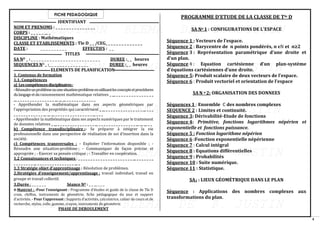 4
FICHE PEDAGOGIQUE
IDENTIFIANT
NOM ET PRENOMS : _ _ _ _ _ _ _ _ _ _ _ _ _ _ _
CORPS : _ _ _ _ _ __ _
DISCIPLINE : Mathématiques
CLASSE ET ETABLISSEMENTS : Tle D _ _ /CEG_ _ _ _ _ _ _ _ _ _ _ _ _ _
DATE : _ _ _ _ _ _ _ _ _ _ EFFECTIFS : _ _
TITLES
SA NO _ : _ _ _ _ _ _ _ _ _ _ _ _ _ _ _ _ _ _ _ _ _ _ _ _ _ _ DUREE :_ _ heures
SEQUENCES NO _ :_ _ _ _ _ _ _ _ _ _ _ _ _ _ _ DUREE :_ _ heures
ELEMENTS DE PLANIFICATION
1. Contenus de formation
1.1. Compétences
a) Lescompétencesdisciplinaires:
-Résoudreunproblèmeouunesituation-problèmeenutilisantlesconceptsetprocédures
dulangageetduraisonnement mathématique relatives _ __ _ _ _ _ _ _ _ _ _ _ _ _ _ _ _
__ _ _ _ _ _ _ _ _ _ _ _ _ _ _ _ __ __ __ _ _ _ _ _ _ _ _ _ _ _ _
- Appréhender la mathématique dans ses aspects géométriques par
l’appropriation des propriétés qui caractérisent _ __ _ _ _ _ _ _ _ _ _ _ _ _ _ _ _ __ _ _ _
_ _ _ _ _ _ _ _ _ _ _ _ __ __ __ _ _ _ _ _ _ _ _ _ _ _ _ _ _ _ __ _ _ _
- Appréhender la mathématique dans ses aspects numériques par le traitement
de données relatives _ __ _ _ _ _ _ _ _ _ _ _ _ _ _ _ _ __ _ _ _ _ _ _ _ _ _ _ _ _ _ _ _ __ __ __ _ _
b) Compétence transdisciplinaire :- Se préparer à intégrer la vie
professionnelle dans une perspective de réalisation de soi d’insertion dans la
société.
c) Compétences transversales : - Exploiter l’information disponible ; -
Résoudre une situation-problème ; - Communiquer de façon précise et
appropriée ; - Exercer sa pensée critique ; - Travailler en coopération.
1.2 Connaissances et techniques : _ _ _ _ _ _ _ _ _ _ _ _ _ _ _ _ _ _ _ _ _ _ __ _ _ _ _ _ _ _
_ _ _ _ _ _ _ _ __ _ _ _ _ _ _ _ _ _ _ _ _ _ _ _ __ _
1.3 Stratégie objet d’apprentissage : Résolution de problèmes.
2.Stratégies d’enseignement/apprentissage : travail individuel, travail en
groupe et travail collectif.
3.Durée : _ _ _ _ _ _ Séance NO : _ _ __ _ _ _
4-Matériel : -Pour l’enseignant : Programme d’études et guide de la classe de Tle D
craie, chiffon, instruments de géométrie, fiche pédagogique du jour et support
d’activités. - Pour l’apprenant : Supports d’activités, calculatrice, cahier de cours et de
recherche, stylos, colle, gomme, crayon, instruments de géométrie.
PHASE DE DEROULEMENT
PROGRAMME D’ETUDE DE LA CLASSE DE Tle D
SA No 1 : CONFIGURATIONS DE L’ESPACE
Séquence 1 : Vecteurs de l’espace.
Séquence 2 : Barycentre de 𝒏 points pondérés, 𝒏 ϵℕ et 𝒏≥2
Séquence 3 : Représentation paramétrique d’une droite et
d’un plan.
Séquence 4 : Equation cartésienne d’un plan-système
d’équations cartésiennes d’une droite.
Séquence 5: Produit scalaire de deux vecteurs de l’espace.
Séquence 6 : Produit vectoriel et orientation de l’espace
SAN o 2: ORGANISATION DES DONNEES
Séquences 1 : Ensemble ℂ des nombres complexes
SEQUENCE 2 : Limites et continuité.
Séquence 3: Dérivabilité-Etude de fonctions
Séquence 4: Primitive, fonctions logarithmes népérien et
exponentielle et fonctions puissance.
Séquence 5 : Fonction logarithme népérien
Séquence 6 :Fonction exponentielle népérienne
Séquence 7 : Calcul intégral
Séquence 8 : Equations différentielles
Séquence 9 : Probabilités
Séquence 10 : Suite numérique.
Séquence 11 : Statistique.
SA3 : LIEUX GÉOMÉTRIQUE DANS LE PLAN
Séquence : Applications des nombres complexes aux
transformations du plan.
 