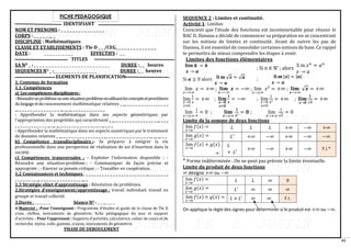 41
FICHE PEDAGOGIQUE
IDENTIFIANT
NOM ET PRENOMS : _ _ _ _ _ _ _ _ _ _ _ _ _ _ _
CORPS : _ _ _ _ _ __ _
DISCIPLINE : Mathématiques
CLASSE ET ETABLISSEMENTS : Tle D _ _ /CEG_ _ _ _ _ _ _ _ _ _ _ _ _ _
DATE : _ _ _ _ _ _ _ _ _ _ EFFECTIFS : _ _
TITLES
SA NO _ : _ _ _ _ _ _ _ _ _ _ _ _ _ _ _ _ _ _ _ _ _ _ _ _ _ _ DUREE :_ _ heures
SEQUENCES NO _ :_ _ _ _ _ _ _ _ _ _ _ _ _ _ _ DUREE :_ _ heures
ELEMENTS DE PLANIFICATION
1. Contenus de formation
1.1. Compétences
a) Lescompétencesdisciplinaires:
-Résoudreunproblèmeouunesituation-problèmeenutilisantlesconceptsetprocédures
dulangageetduraisonnement mathématique relatives _ __ _ _ _ _ _ _ _ _ _ _ _ _ _ _ _
__ _ _ _ _ _ _ _ _ _ _ _ _ _ _ _ __ __ __ _ _ _ _ _ _ _ _ _ _ _ _
- Appréhender la mathématique dans ses aspects géométriques par
l’appropriation des propriétés qui caractérisent _ __ _ _ _ _ _ _ _ _ _ _ _ _ _ _ _ __ _ _ _
_ _ _ _ _ _ _ _ _ _ _ _ __ __ __ _ _ _ _ _ _ _ _ _ _ _ _ _ _ _ __ _ _ _
- Appréhender la mathématique dans ses aspects numériques par le traitement
de données relatives _ __ _ _ _ _ _ _ _ _ _ _ _ _ _ _ _ __ _ _ _ _ _ _ _ _ _ _ _ _ _ _ _ __ __ __ _ _
b) Compétence transdisciplinaire :- Se préparer à intégrer la vie
professionnelle dans une perspective de réalisation de soi d’insertion dans la
société.
c) Compétences transversales : - Exploiter l’information disponible ; -
Résoudre une situation-problème ; - Communiquer de façon précise et
appropriée ; - Exercer sa pensée critique ; - Travailler en coopération.
1.2 Connaissances et techniques : _ _ _ _ _ _ _ _ _ _ _ _ _ _ _ _ _ _ _ _ _ _ __ _ _ _ _ _ _ _
_ _ _ _ _ _ _ _ __ _ _ _ _ _ _ _ _ _ _ _ _ _ _ _ __ _
1.3 Stratégie objet d’apprentissage : Résolution de problèmes.
2.Stratégies d’enseignement/apprentissage : travail individuel, travail en
groupe et travail collectif.
3.Durée : _ _ _ _ _ _ Séance NO : _ _ __ _ _ _
4-Matériel : -Pour l’enseignant : Programme d’études et guide de la classe de Tle D
craie, chiffon, instruments de géométrie, fiche pédagogique du jour et support
d’activités. - Pour l’apprenant : Supports d’activités, calculatrice, cahier de cours et de
recherche, stylos, colle, gomme, crayon, instruments de géométrie.
PHASE DE DEROULEMENT
SEQUENCE 2 : Limites et continuité.
Activité 1: Limites
Conscient que l’étude des fonctions est incontournable pour réussir le
BAC D, Dansou a décidé de commencer sa préparation en se concentrant
sur les notions de limites et continuité. Avant de suivre les pas de
Dansou, il est essentiel de consolider certaines notions de base. Ce rappel
te permettra de mieux comprendre les étapes à venir.
Limites des fonctions élémentaires
𝐥𝐢𝒎 𝒌 = 𝒌
𝒙 → 𝒂
; Si n ∈ ℕ* ; alors
li m 𝑥𝑛
= 𝑎𝑛
𝑥 → 𝑎
Si 𝒂 ≥ 0 alors 𝐥𝐢 𝐦 √𝒙 = √𝒂
𝒙 → 𝒂
;
𝐥𝐢 𝐦 |𝒙| = |𝒂|
𝒙 → 𝒂
lim
𝑥→+∞
𝑥 = +∞ ; 𝐥𝐢𝐦
𝒙→−∞
𝒙 = −∞ ; lim
𝑥→±∞
𝑥² = +∞ ; 𝐥𝐢𝐦
𝒙→+∞
√𝒙 = +∞
lim
𝑥→0
𝑥>0
1
𝑥
= +∞ ; 𝐥𝐢𝐦
𝒙→𝟎
𝒙<𝟎
𝟏
𝒙
= −∞ ; lim
𝑥→0
𝑥<0
1
𝑥²
= +∞ ; 𝐥𝐢𝐦
𝒙→𝟎
𝟏
√𝒙
= +∞
lim
𝑥→±∞
1
𝑥
= 0 ; 𝐥𝐢𝐦
𝒙→±∞
𝟏
𝒙²
= 𝟎 ; lim
𝑥→+∞
1
√𝑥
= 0
Limite de la somme de deux fonctions
lim
𝑥→𝛼
𝑓(𝑥) = 𝐿 𝐿 𝐿 +∞ −∞ +∞
lim
𝑥→𝛼
𝑔(𝑥) = 𝐿′ +∞ −∞ +∞ −∞ −∞
lim
𝑥→𝛼
𝑓(𝑥) + 𝑔(𝑥)
=
𝐿
+ 𝐿′
+∞ −∞ +∞ −∞ F.I.*
* Forme indéterminée : On ne peut pas prévoir la limite éventuelle.
Limite du produit de deux fonctions
∞ désigne +∞ ou −∞
lim
𝑥→𝛼
𝑓(𝑥) = 𝐿 𝐿 ∞ 0
lim
𝑥→𝛼
𝑔(𝑥) = 𝐿′ ∞ ∞ ∞
lim
𝑥→𝛼
𝑓(𝑥) × 𝑔(𝑥) = 𝐿 × 𝐿′ ∞ ∞ F.I.
On applique la règle des signes pour déterminer si le produit est +∞ ou −∞.
 